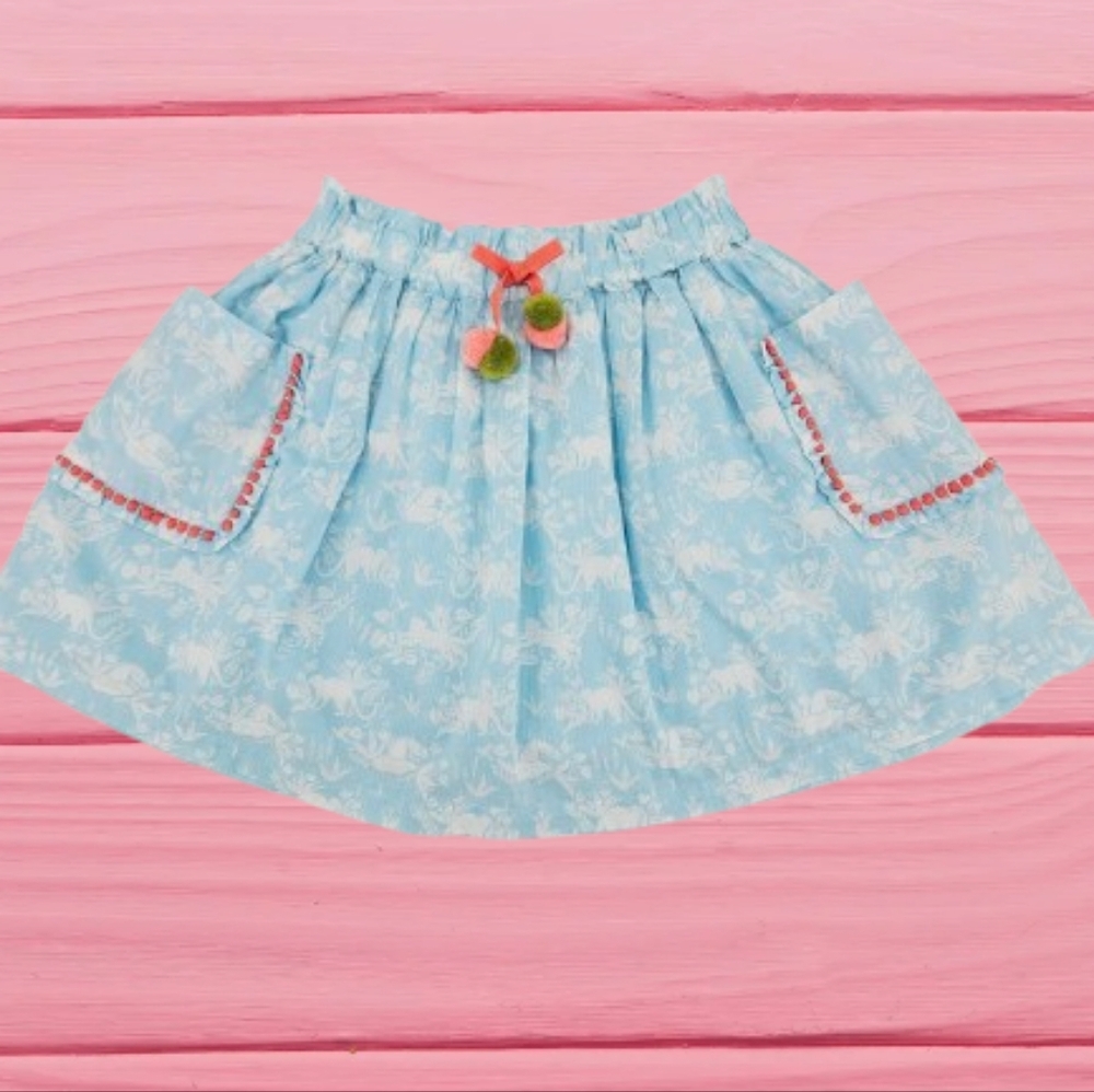 Mini Boden Girls Blue Cotton Floral Skirt Pom Pom Waist Pockets Size 11-12Y